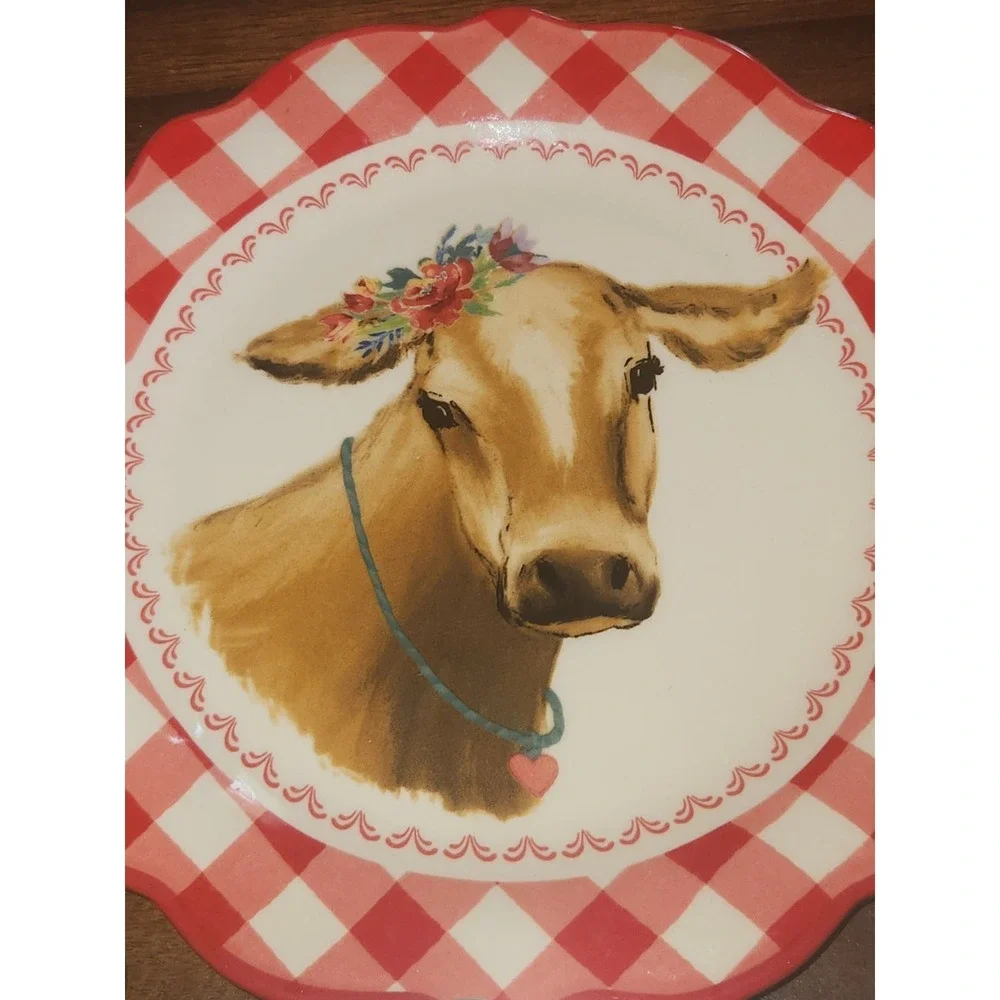 Pioneer Women Stoneware Ramekins Gingham Farm Animals 3 Ramkins & 1 plate